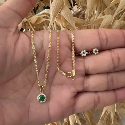 Green Zirconia Necklace and Earrings Set / Chain 3.10 gr/ 45cm/ Earrings /0.85 gr /18K Italian Gold