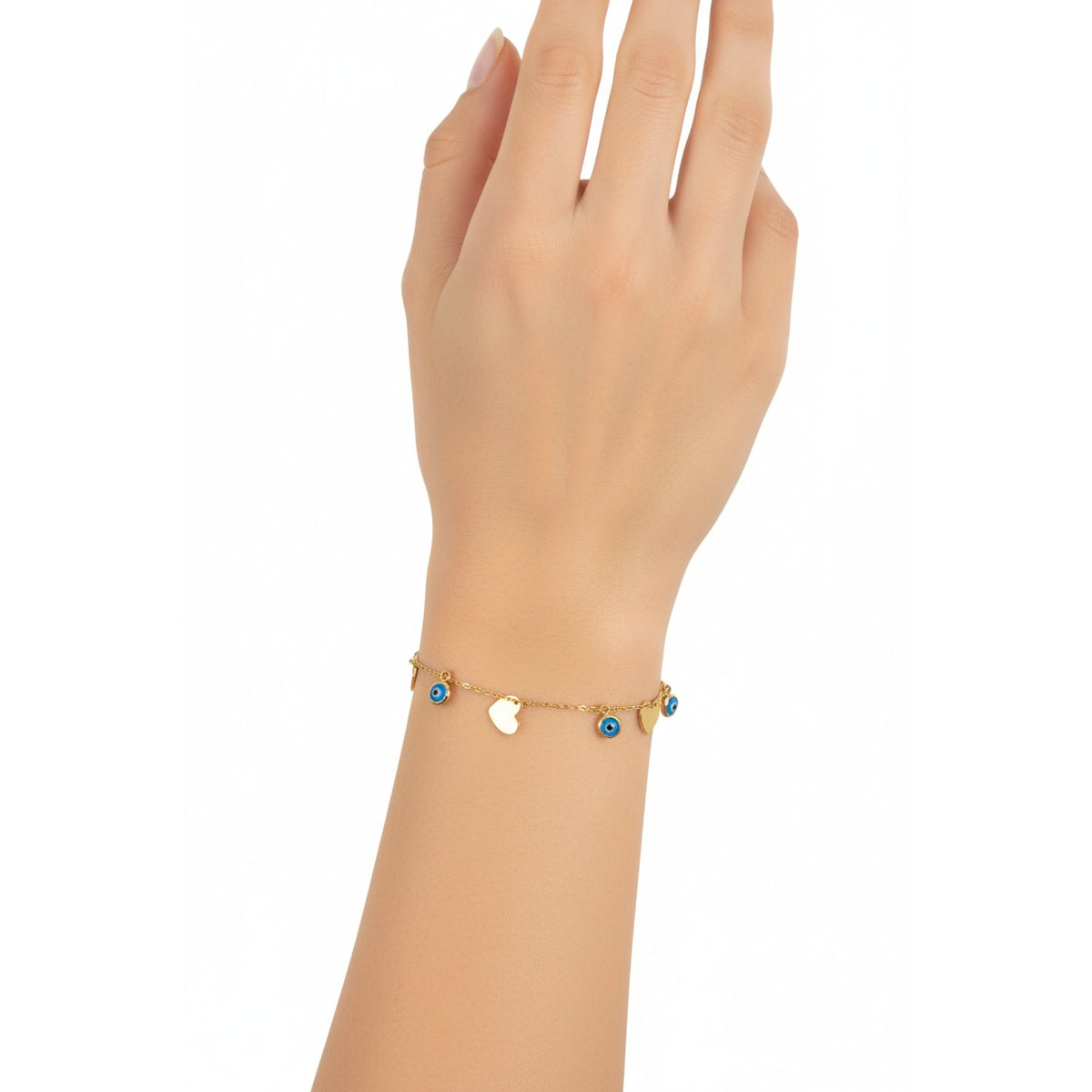 Turkish Eye And Heart Bracelet / 1.9 gr / 19 cm / 1 mm / 18K Italian Gold