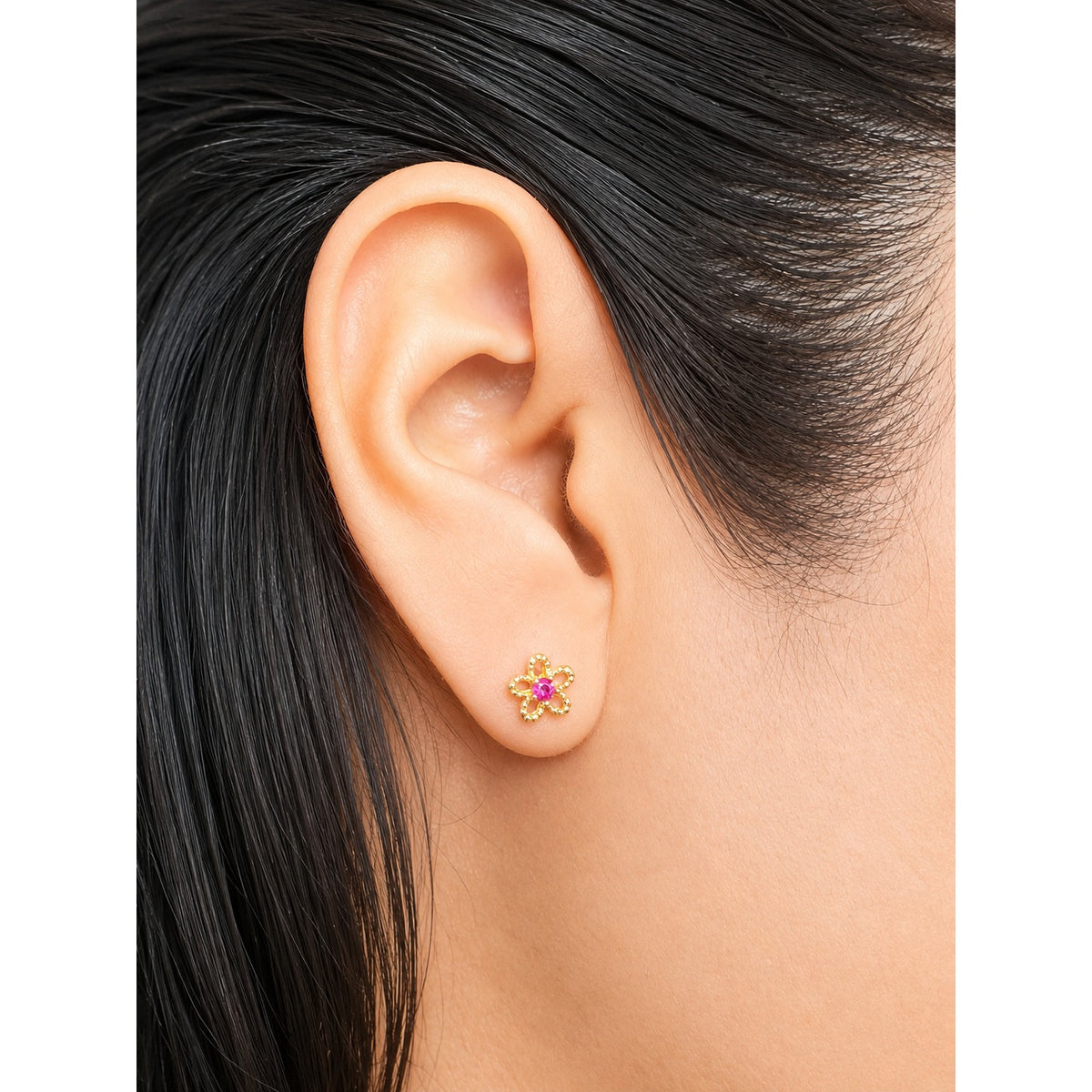 Flower Stud Earrings with Stone / Pza / 5 mm / 18K Italian Gold
