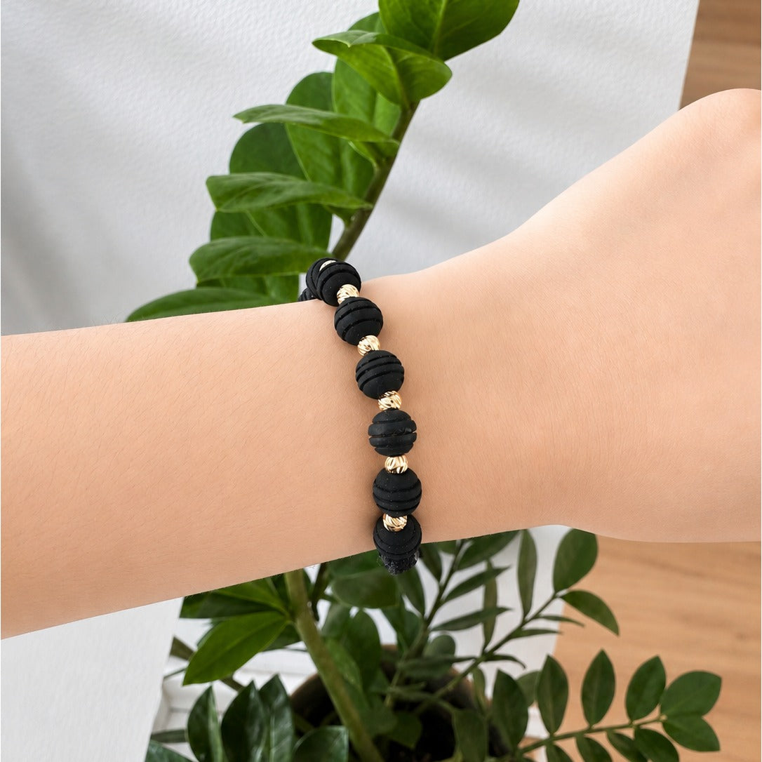 Black Macramé Bracelet with Textured Matte 18K Gold Beads