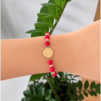 Red San Benito Macramé Bracelet / 4 Gold Beads / 4-5 mm / 18K Gold